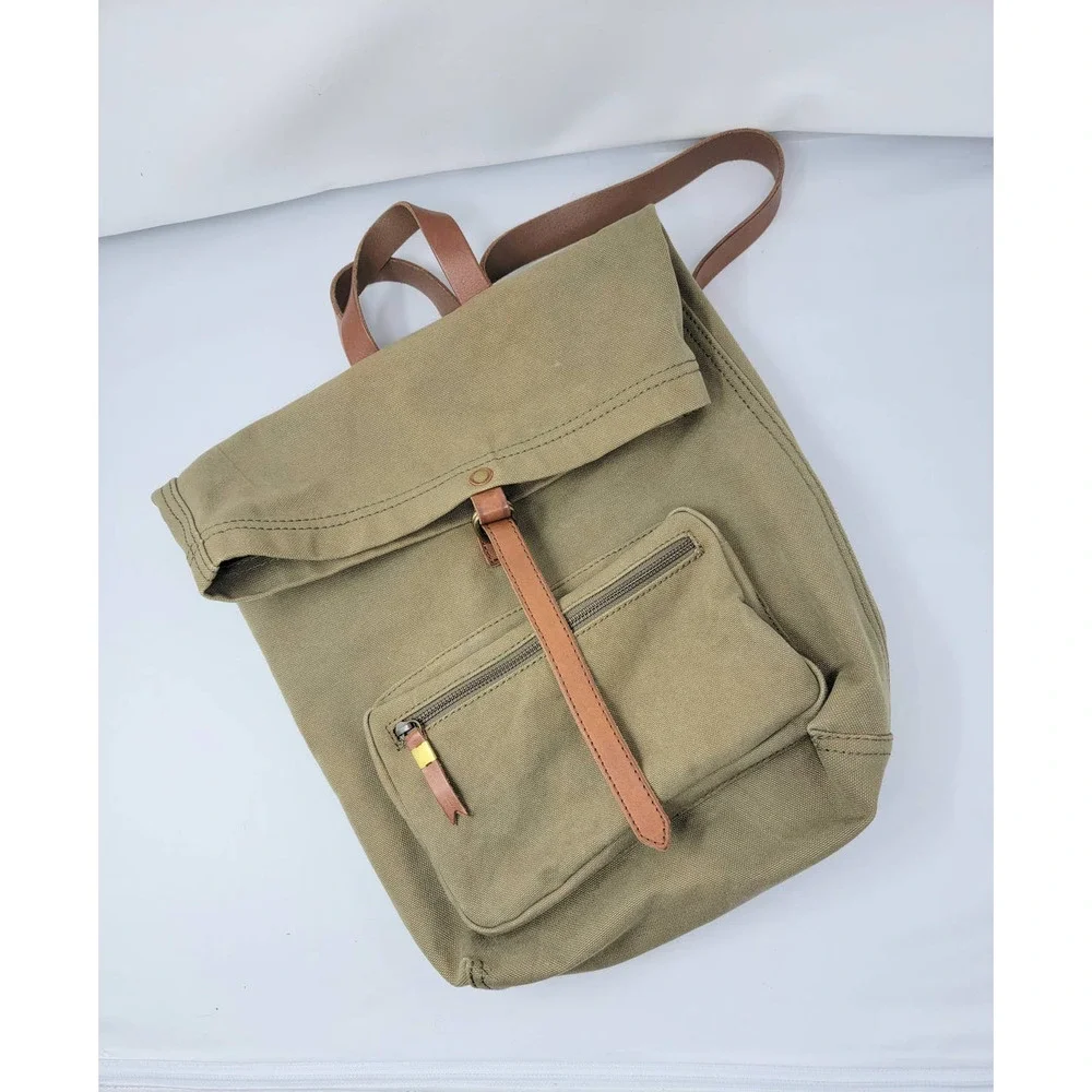 Madewell Olive Green Canvas Backpack with Brown Leather Trim